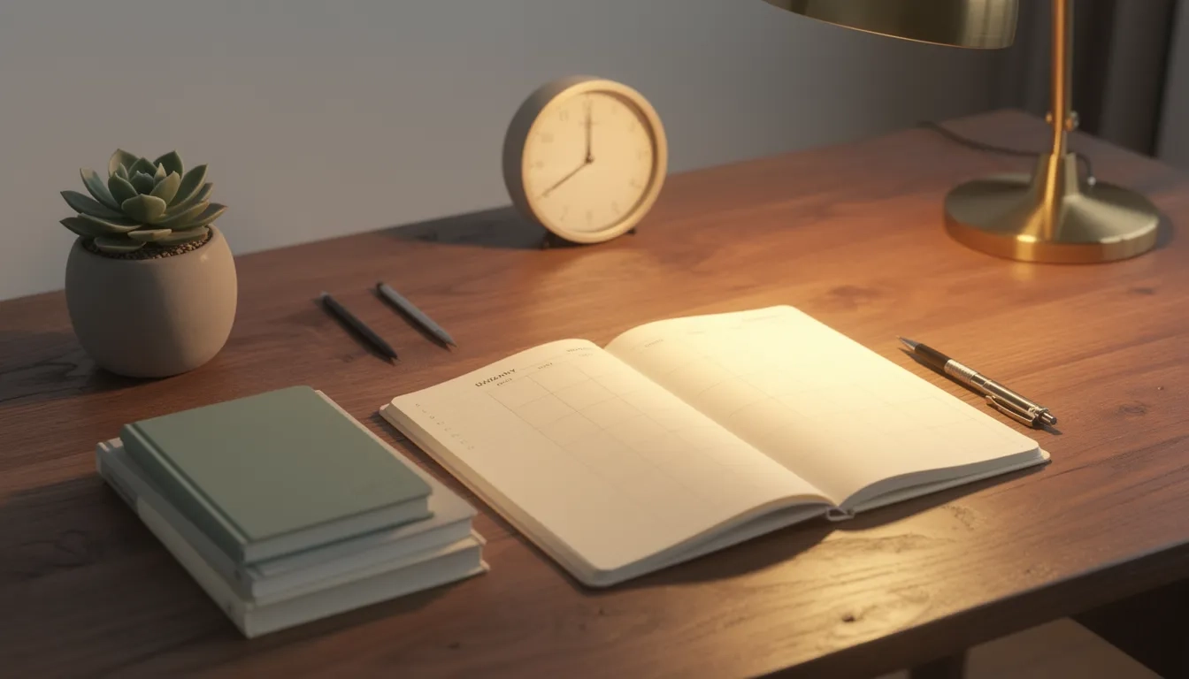 Organized desk with weekly planner, notebooks, and clock symbolizing structured time management
