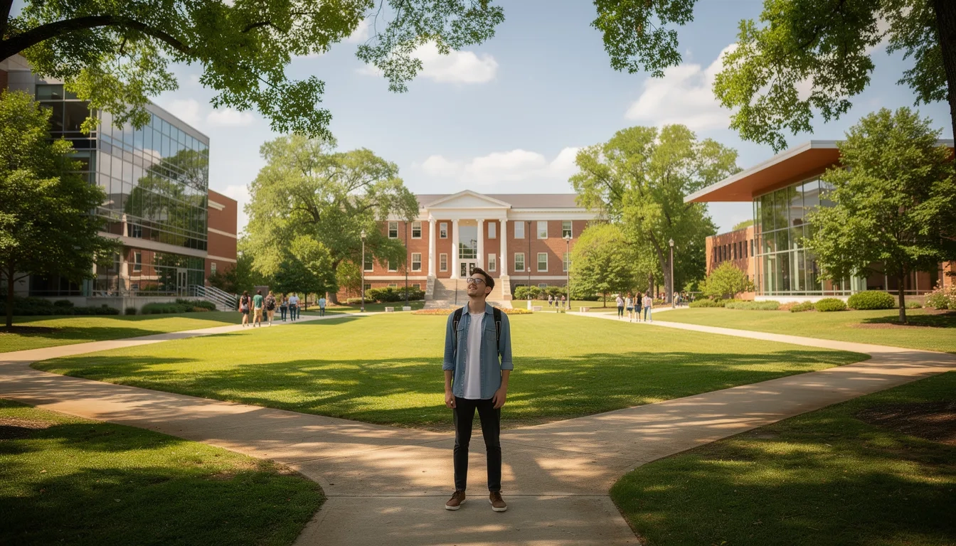 A student standing at a crossroads with multiple university campus paths ahead, representing the broader landscape of engineering school choices beyond the obvious names