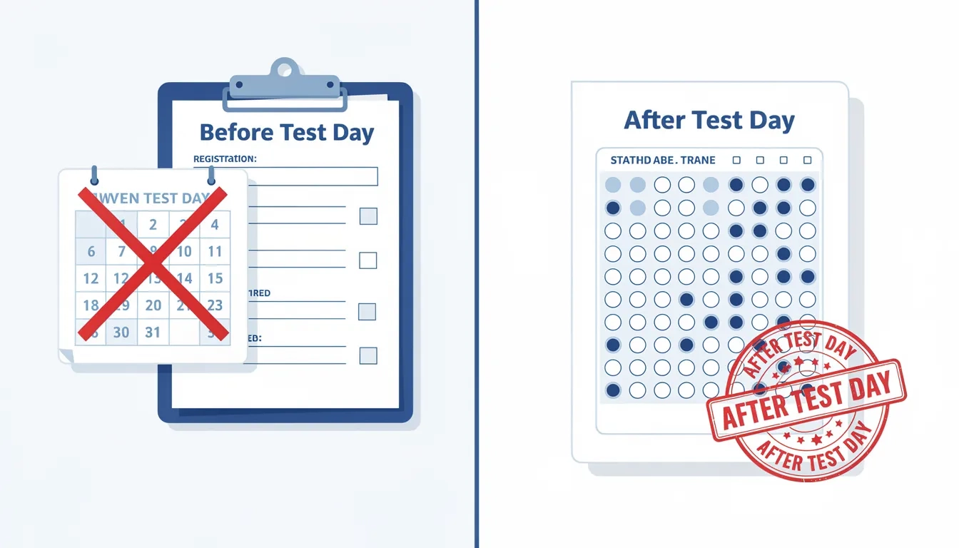 Split diagram illustrating two types of SAT cancellation: registration cancellation before test day versus score cancellation after test day