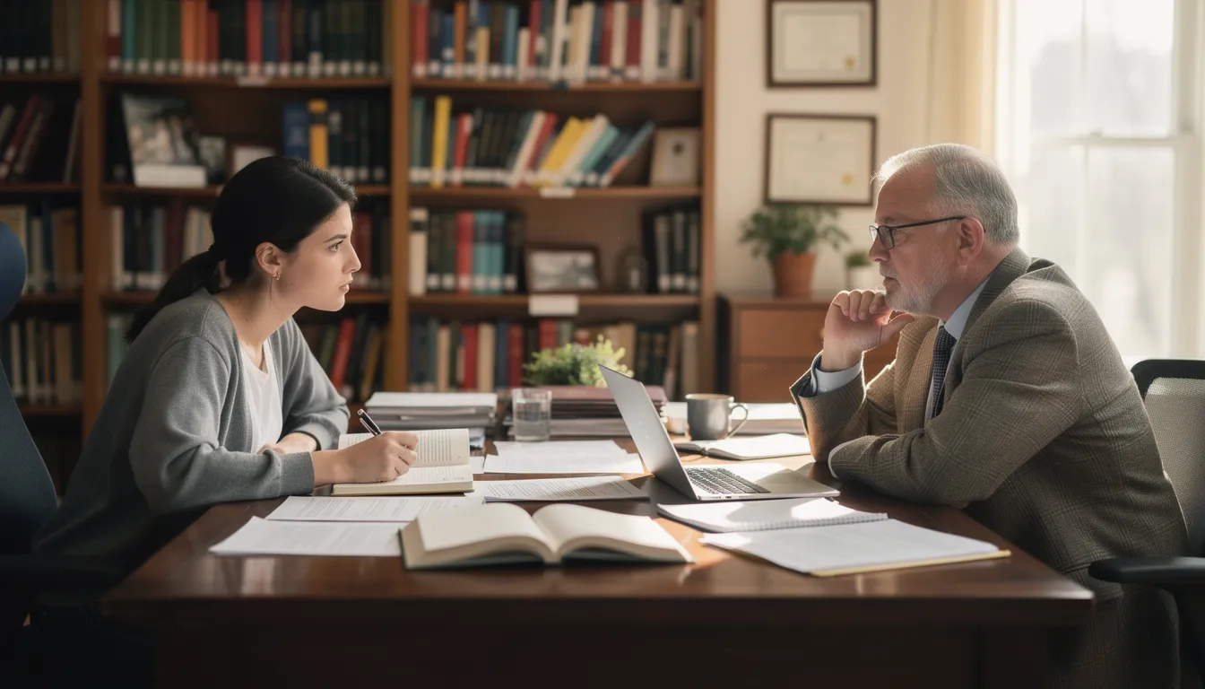 PhD student and advisor in conversation at a research desk