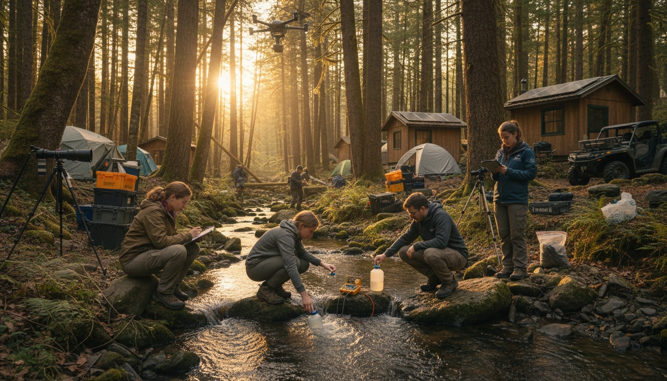 Students conducting environmental field research at a stream