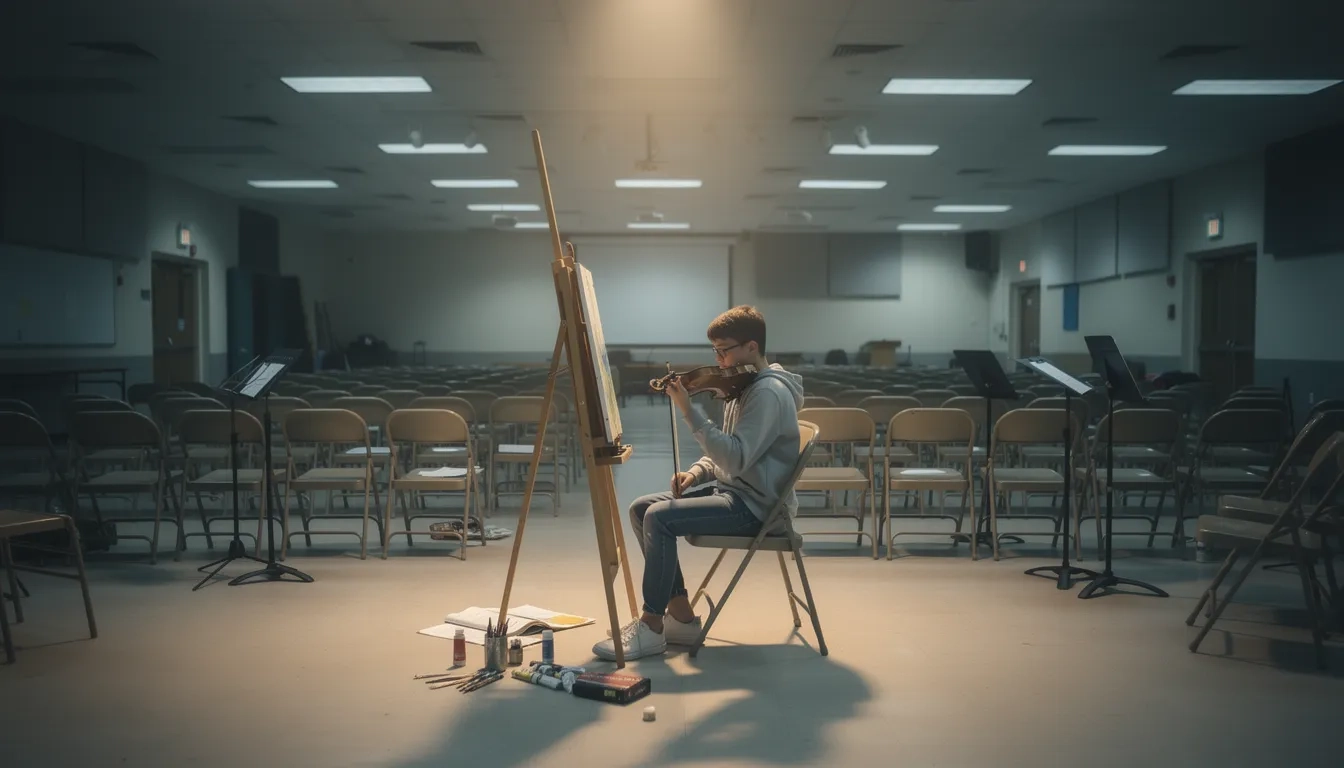 High school student practicing alone in an empty auditorium