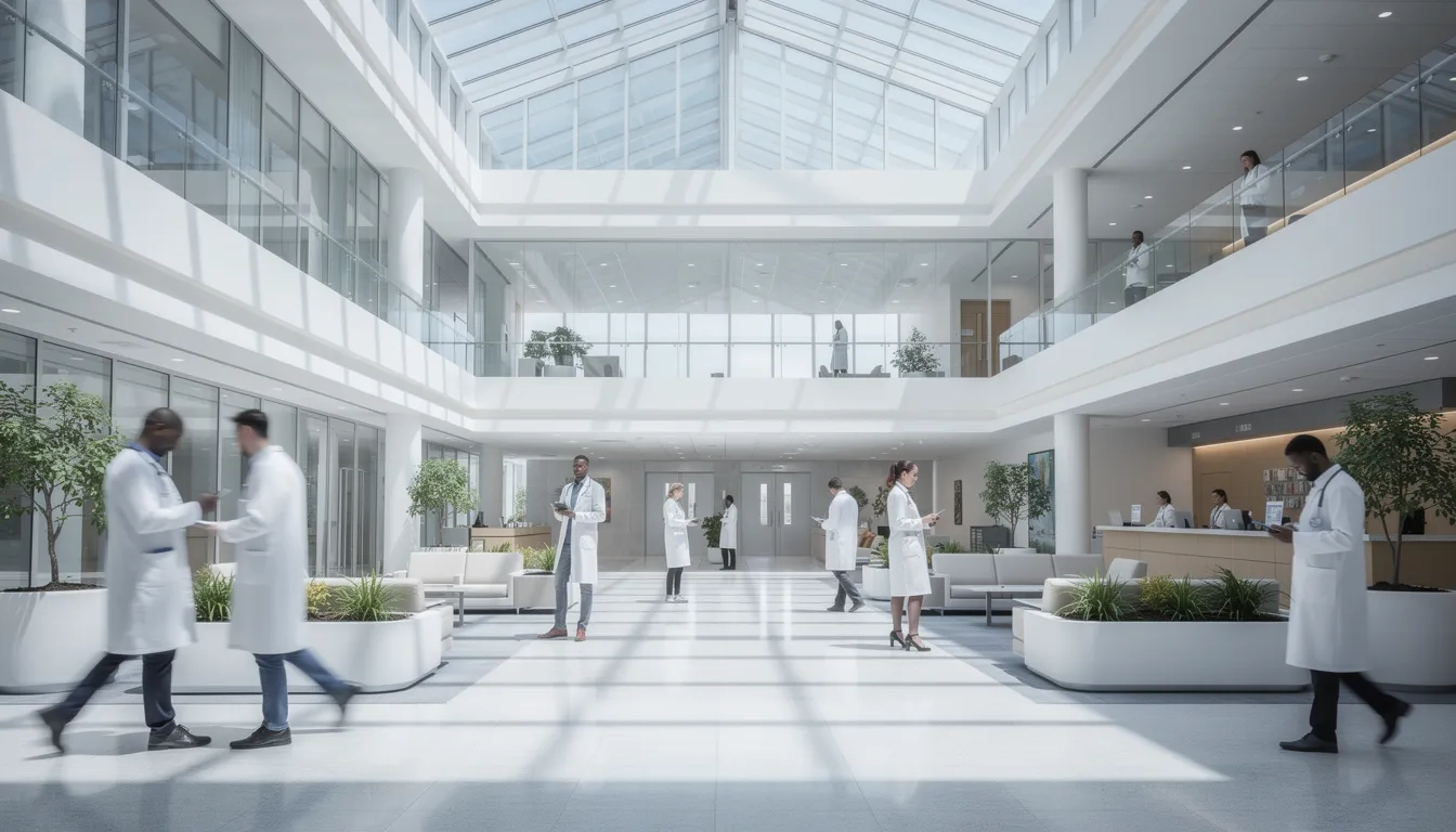 Physicians walking through a modern hospital atrium