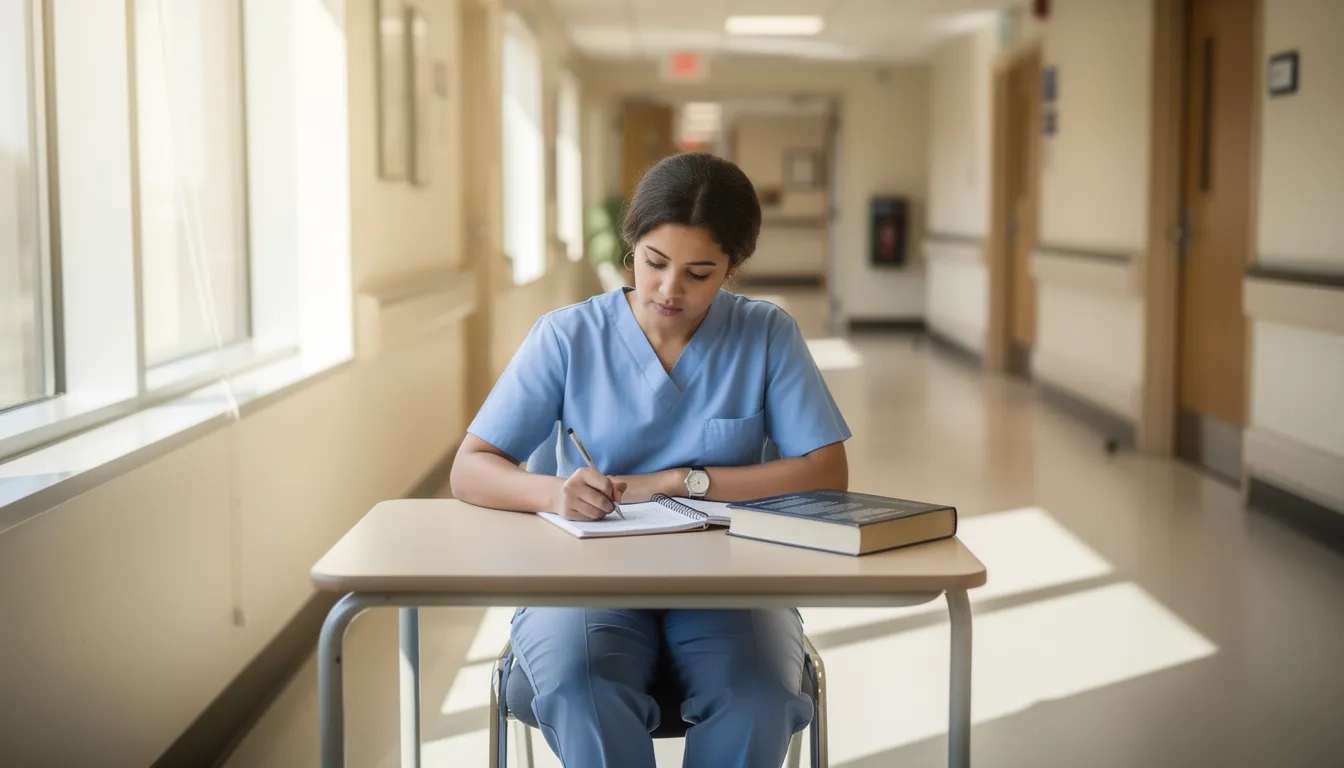 Pre-med student reviewing notes in a hospital setting