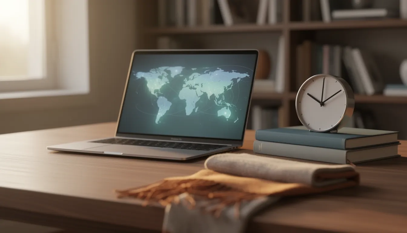 Modern study desk with laptop and notebooks representing English test preparation