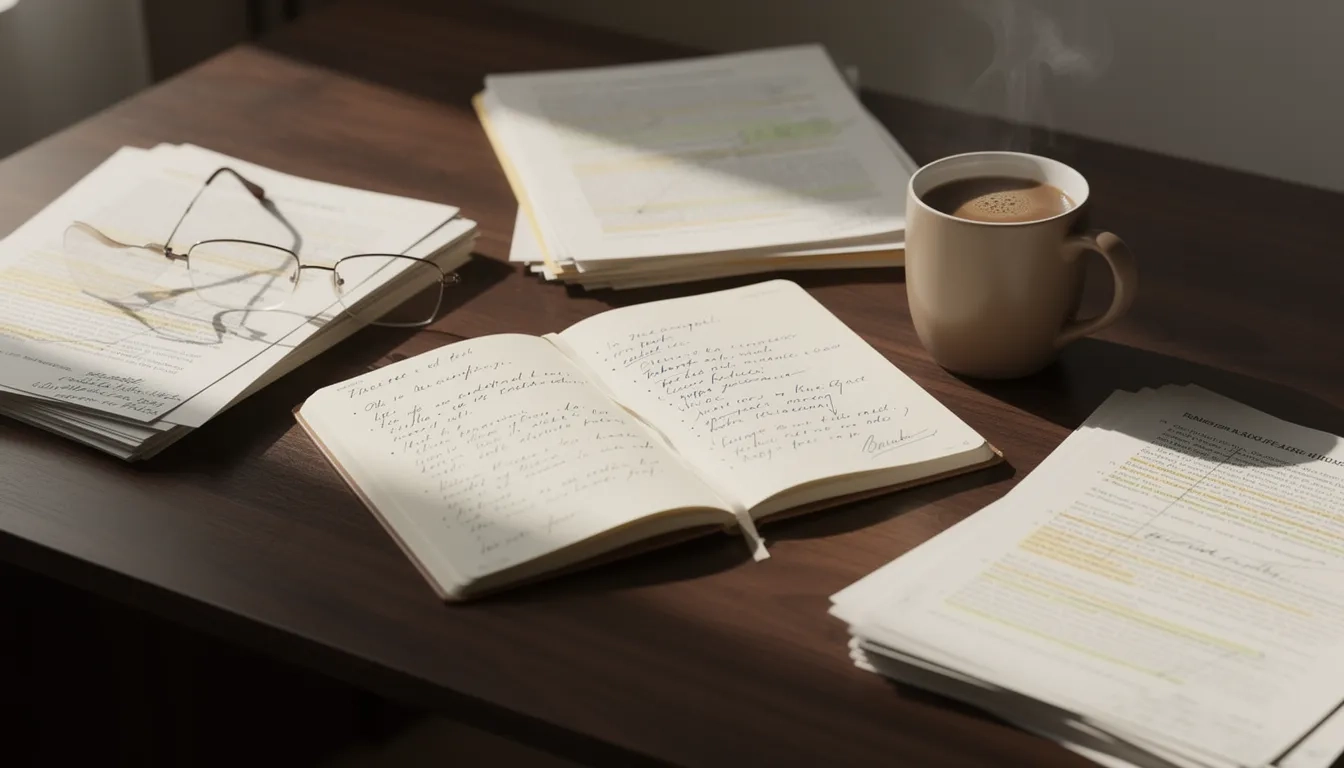 Organized research desk with notes, papers, and a notebook bathed in warm natural light