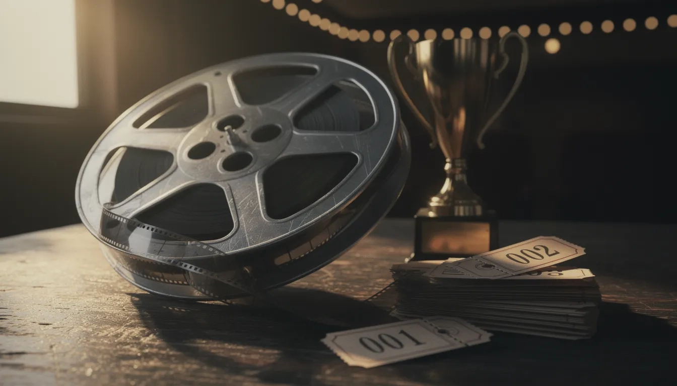 Vintage film reels and a small trophy on a wooden table, lit warmly like a festival screening night