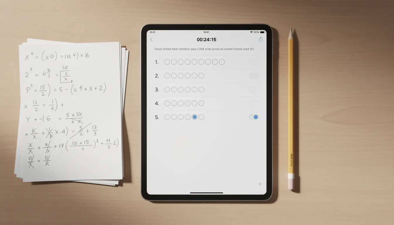 Student taking the Digital SAT math section on a tablet with scratch paper and equations nearby