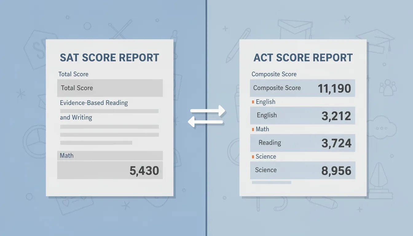 SAT and ACT score reports side by side connected by a concordance arrow