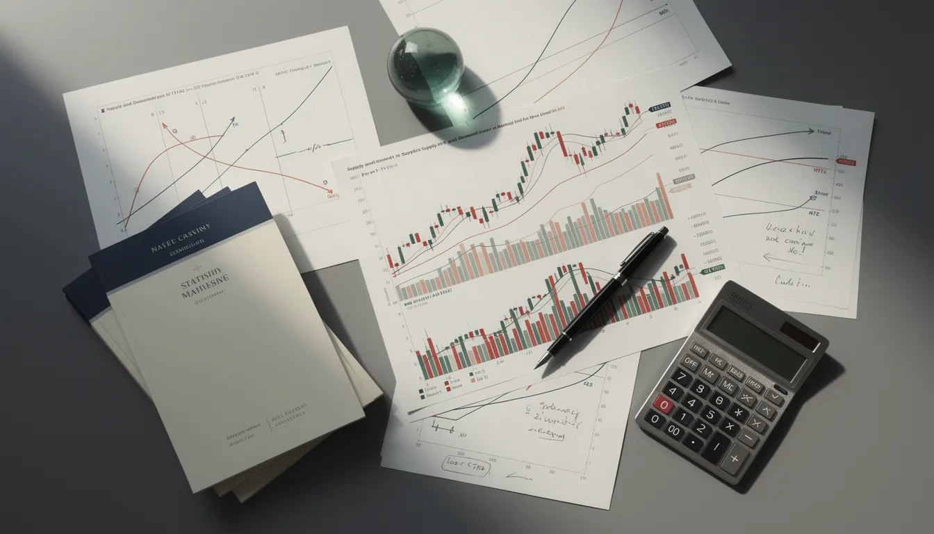 Desk scene with financial charts, graphs, and analytical tools representing the versatility of an economics degree
