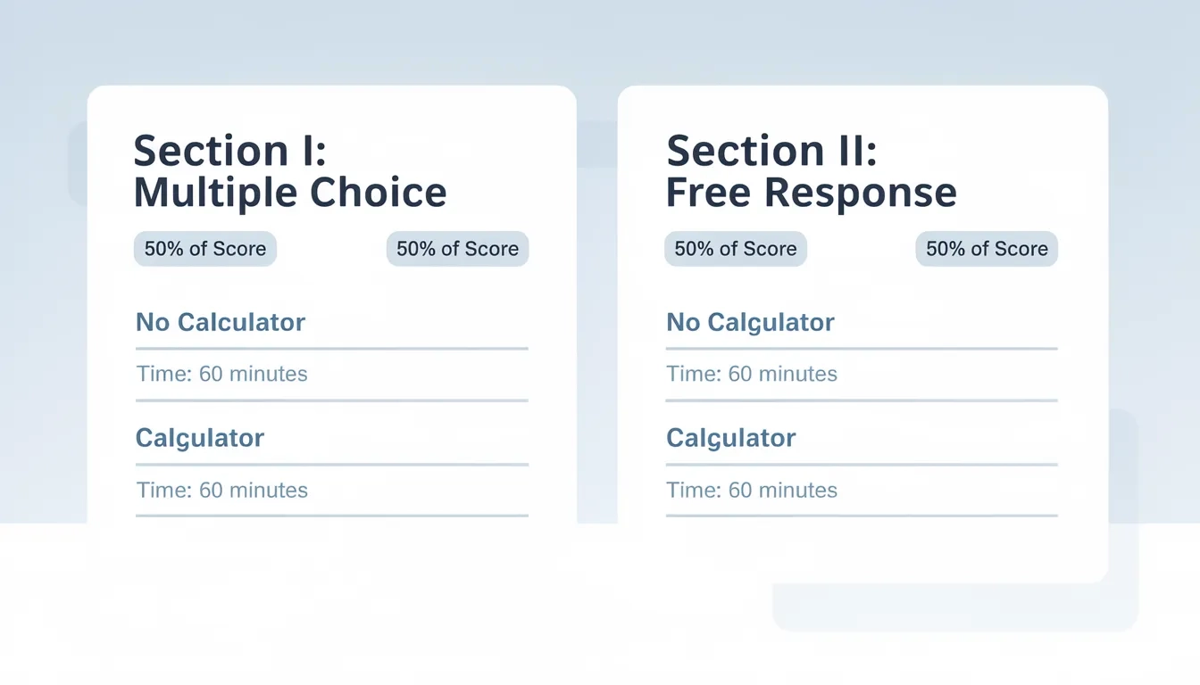 AP Calculus BC exam structure overview showing two sections each worth 50 percent of the score