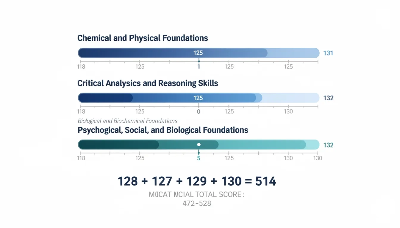 Infographic showing the four MCAT section score scales from 118 to 132 and how they combine into a total score