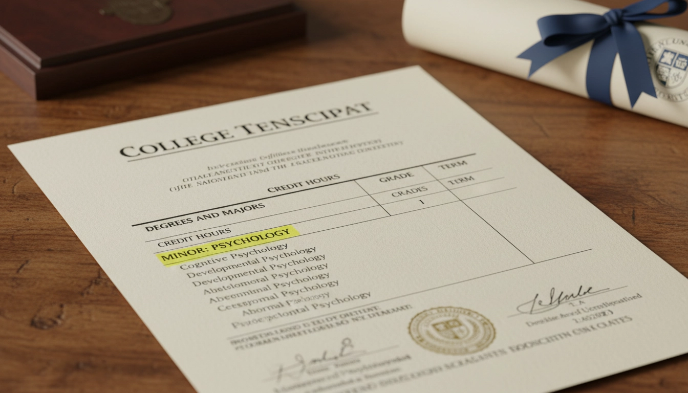 College transcript showing a declared minor alongside a diploma