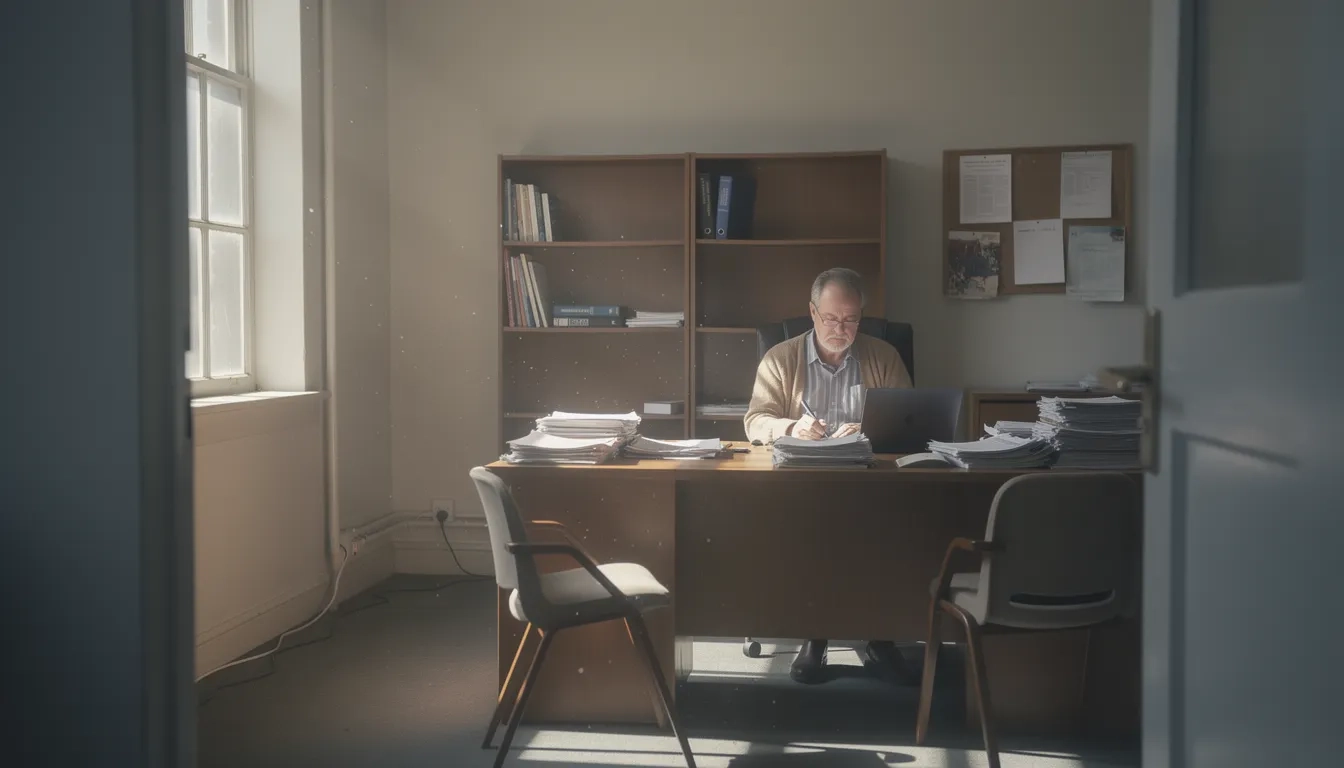 A professor sitting alone in an empty office during office hours