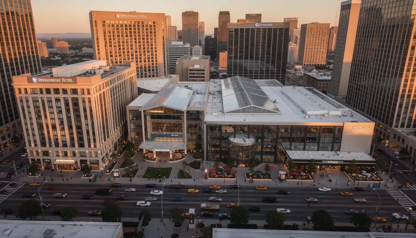 Aerial view of a thriving hotel district in an American city