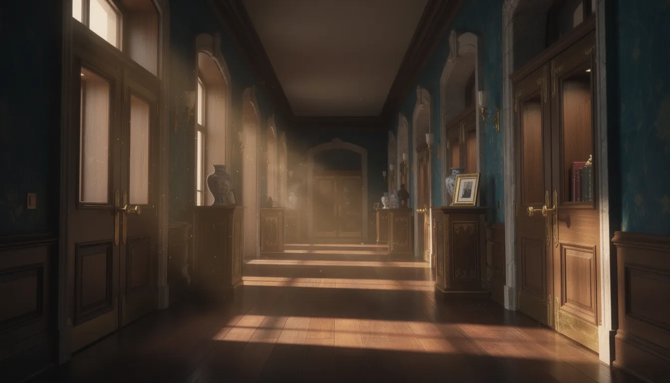 A long ornate hallway with a sequence of illuminated doorways stretching into the distance, evoking a memory palace journey