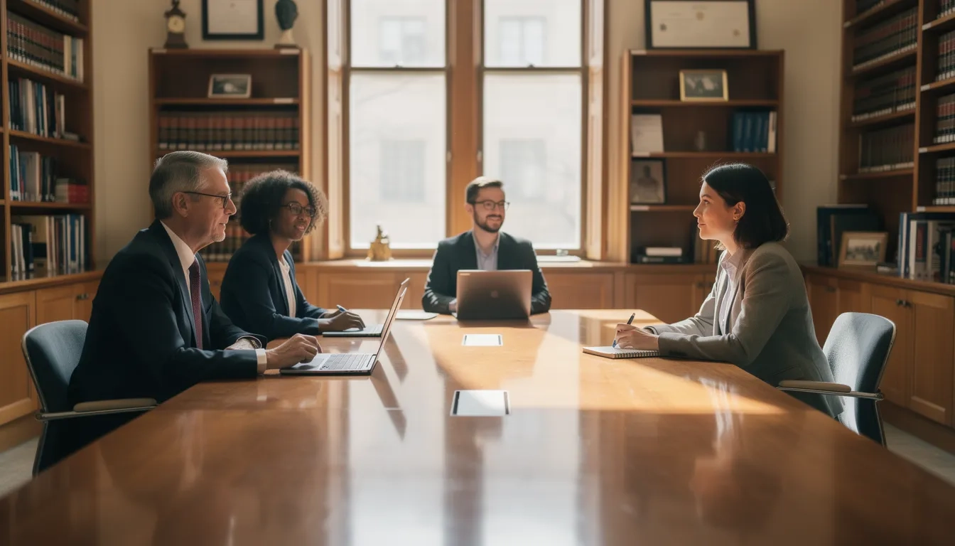 Graduate student being interviewed by a faculty panel in a university office