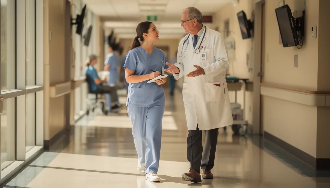Medical student shadowing a physician during hospital rounds