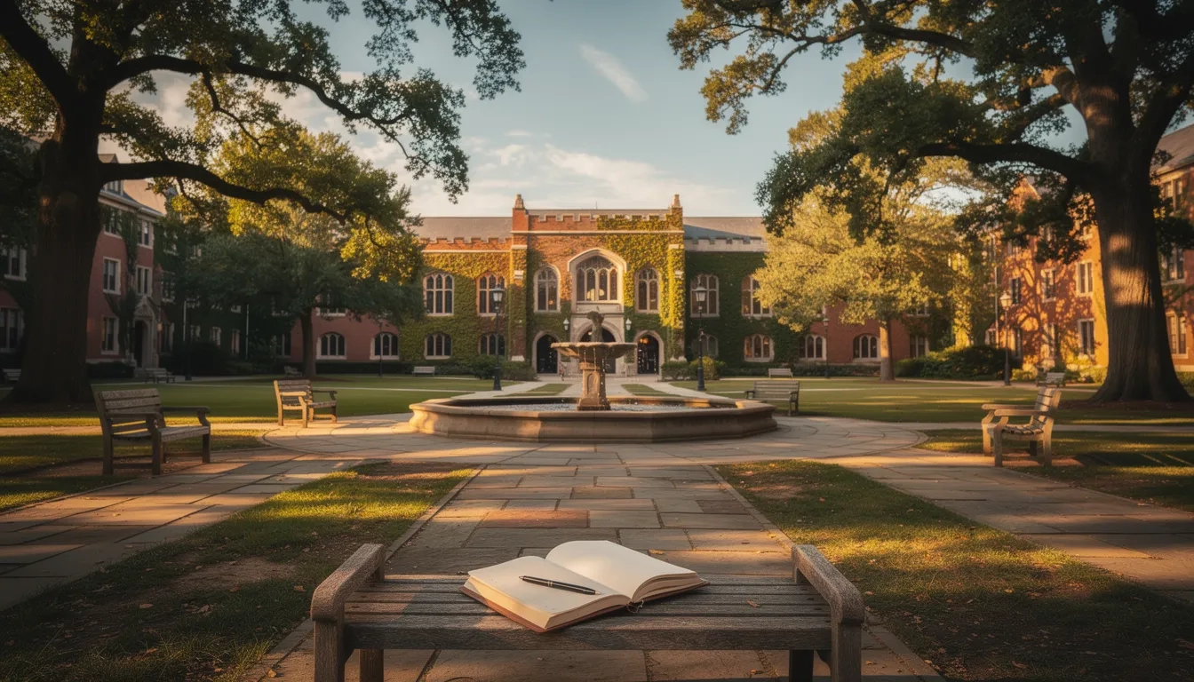 Sunlit university quadrangle with historic academic buildings, evoking summer campus programs