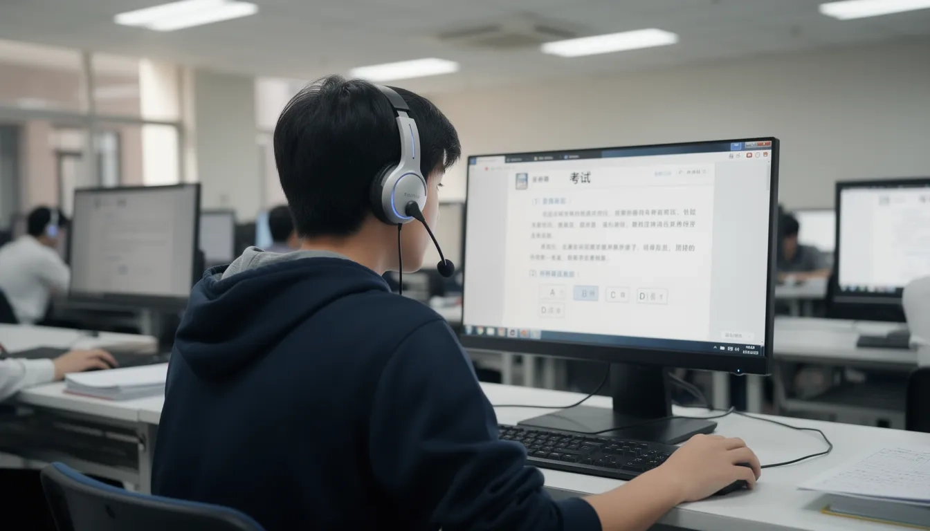 Student taking AP Chinese exam on a school computer with headset
