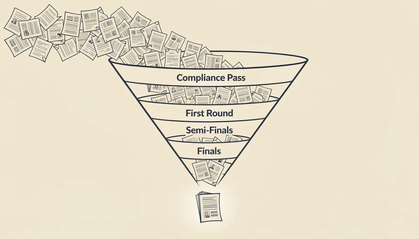 Illustration of a competition funnel showing how thousands of entries are narrowed down through multiple elimination rounds