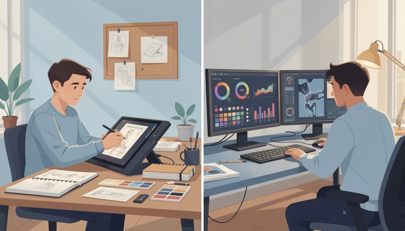 Creative professional working with both traditional design tools and modern AI-powered software