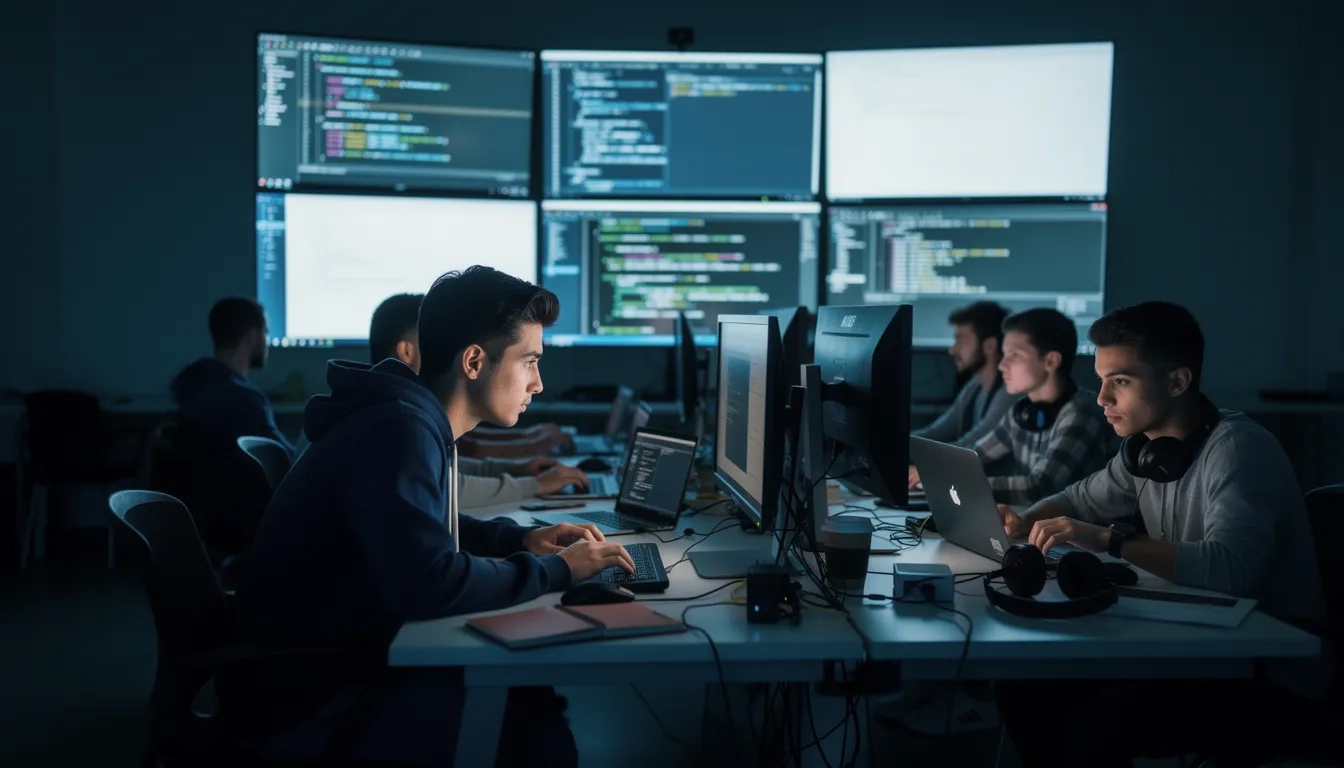 College students competing in a cybersecurity CTF competition at a university lab