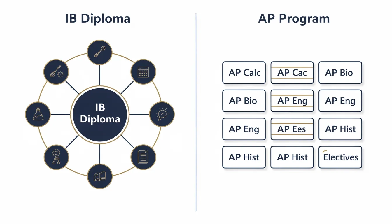 Side-by-side comparison of IB Diploma program structure versus AP course selection model