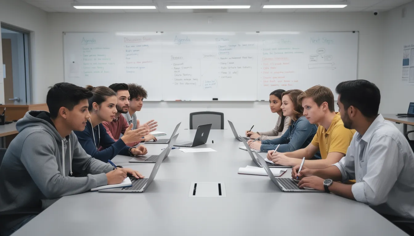 Student government members working at a conference table during a meeting