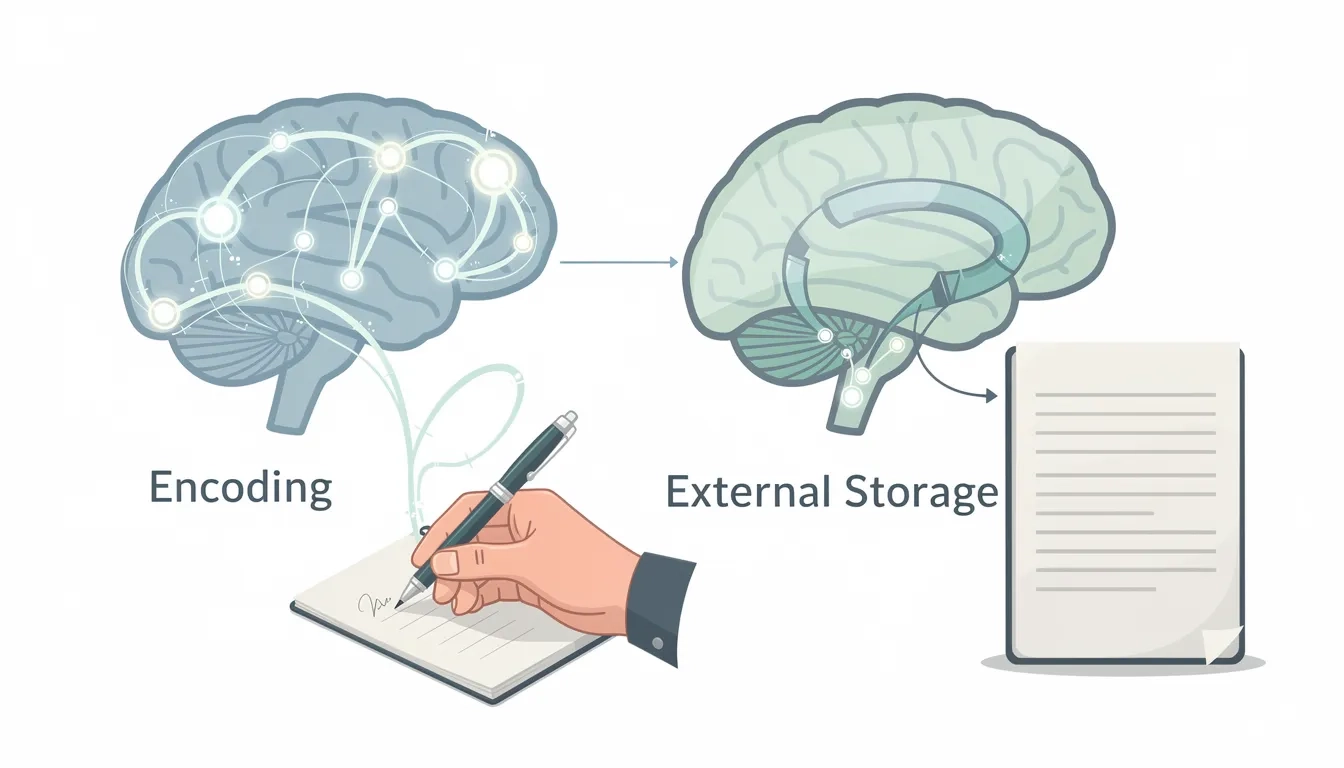 Diagram showing the two distinct functions of note-taking: encoding in the brain versus external storage in a notebook