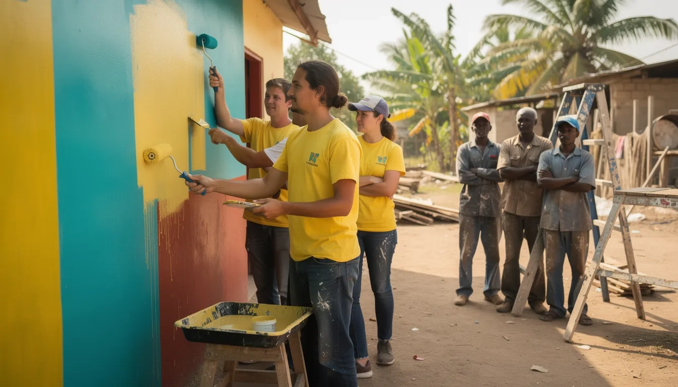Tourists painting a wall at an orphanage while local workers stand idle in the background