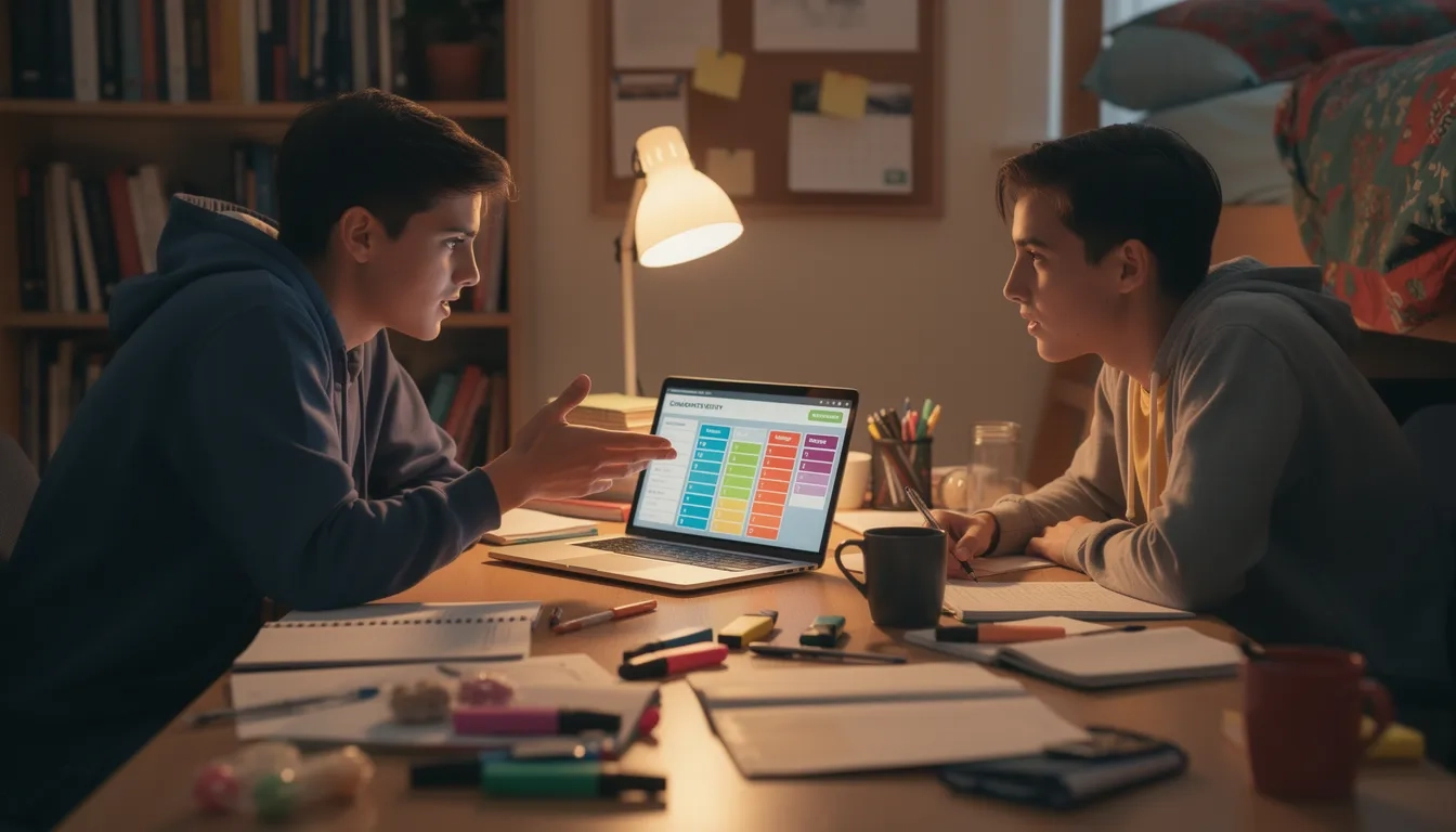 Two college students reviewing a roommate compatibility questionnaire on a laptop