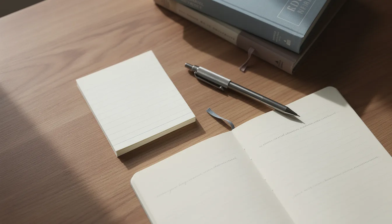 Flat-lay of a study desk with notebook, pencil, and paper representing exam preparation