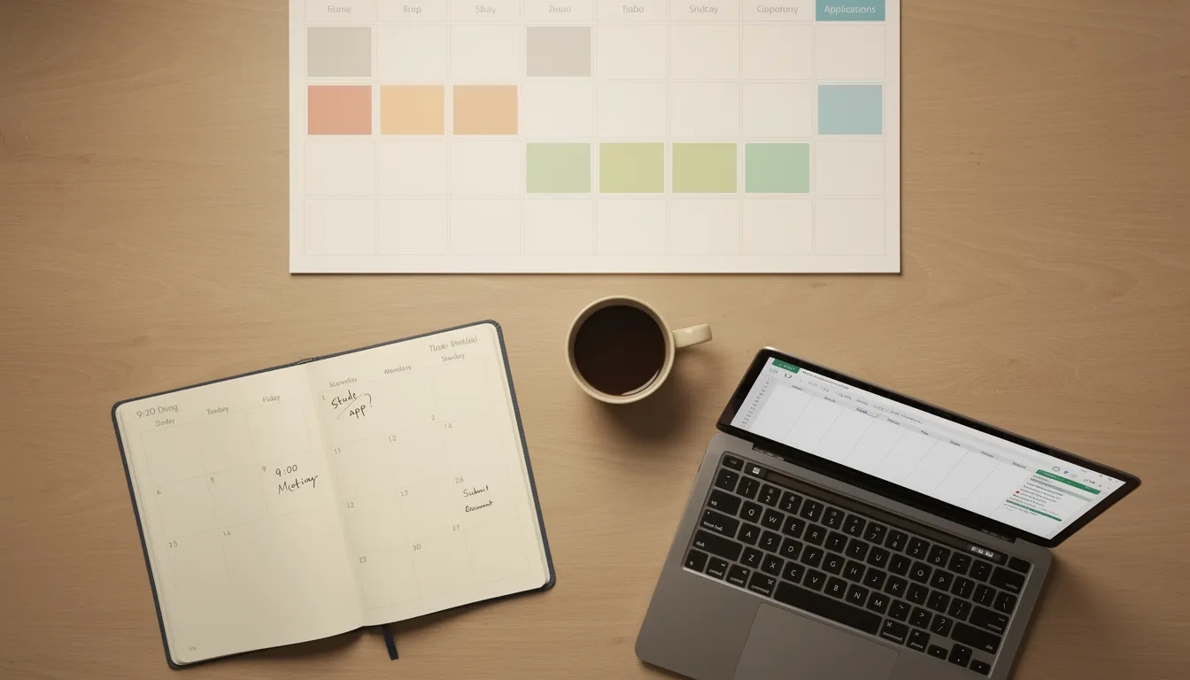 A desk with a calendar, planner, and laptop showing a grad school application timeline