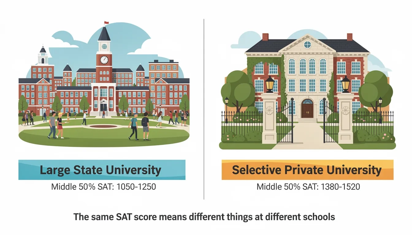 Two college campuses with different SAT score range banners showing how scores are relative to each school