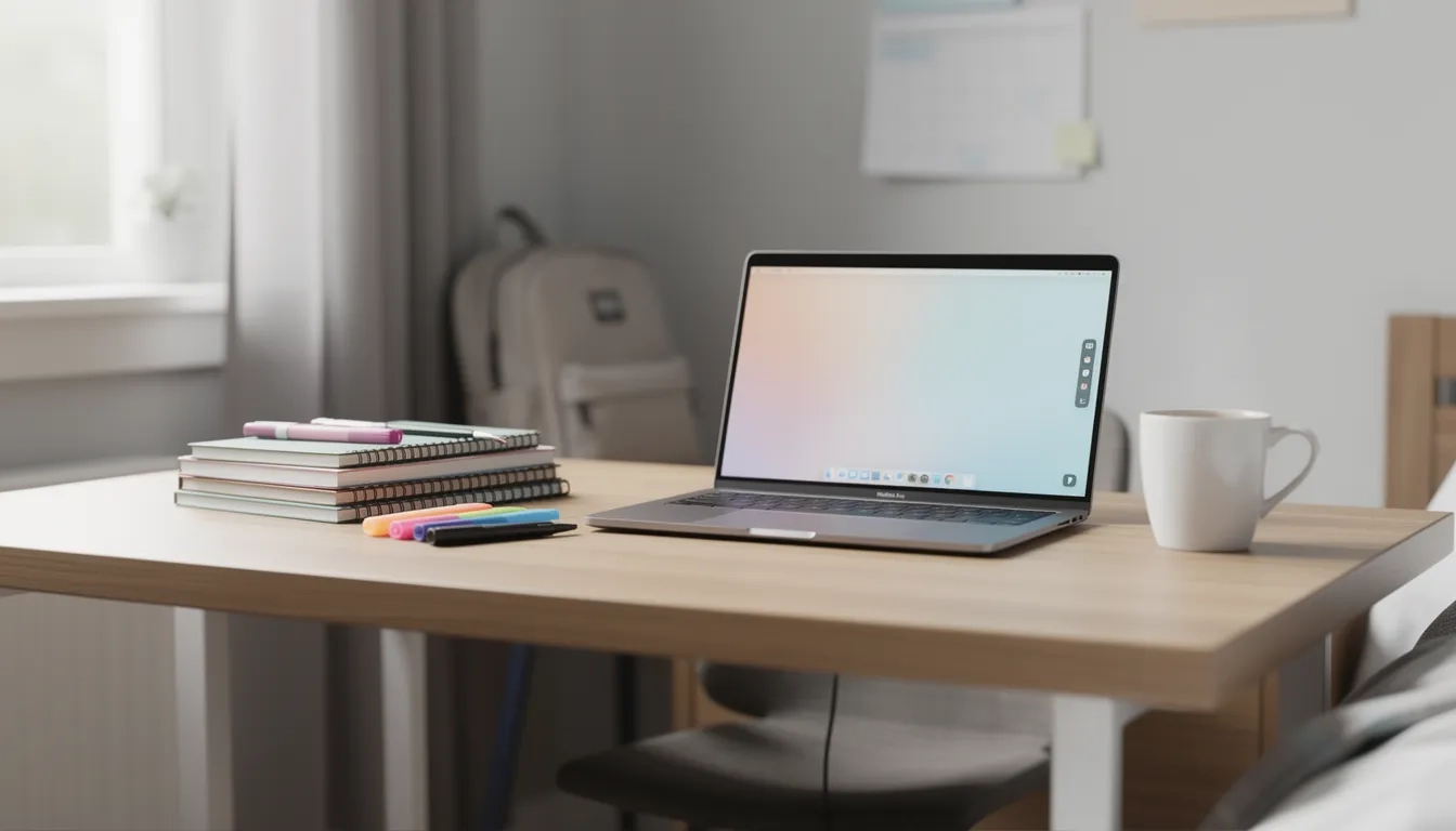 Modern college student laptop setup on a dorm desk
