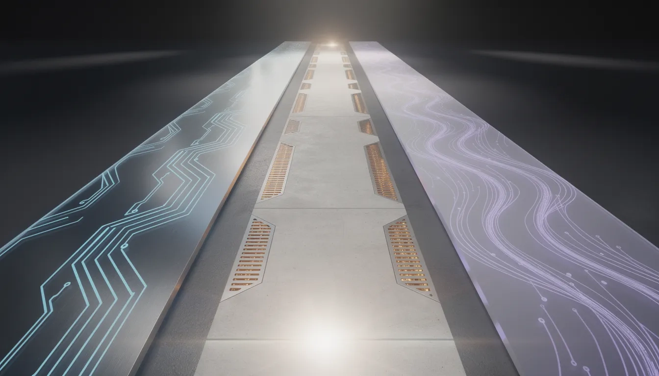 Three diverging abstract pathways in steel, concrete, and glass representing different tech career directions