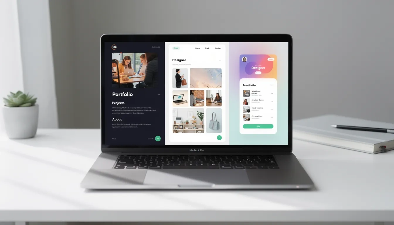Split-screen comparison of different portfolio app interfaces showing Behance, ArtStation, and Adobe Portfolio side by side on a laptop screen