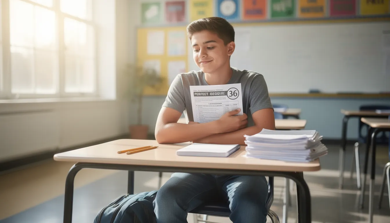 Student holding an ACT test with a perfect 36 score