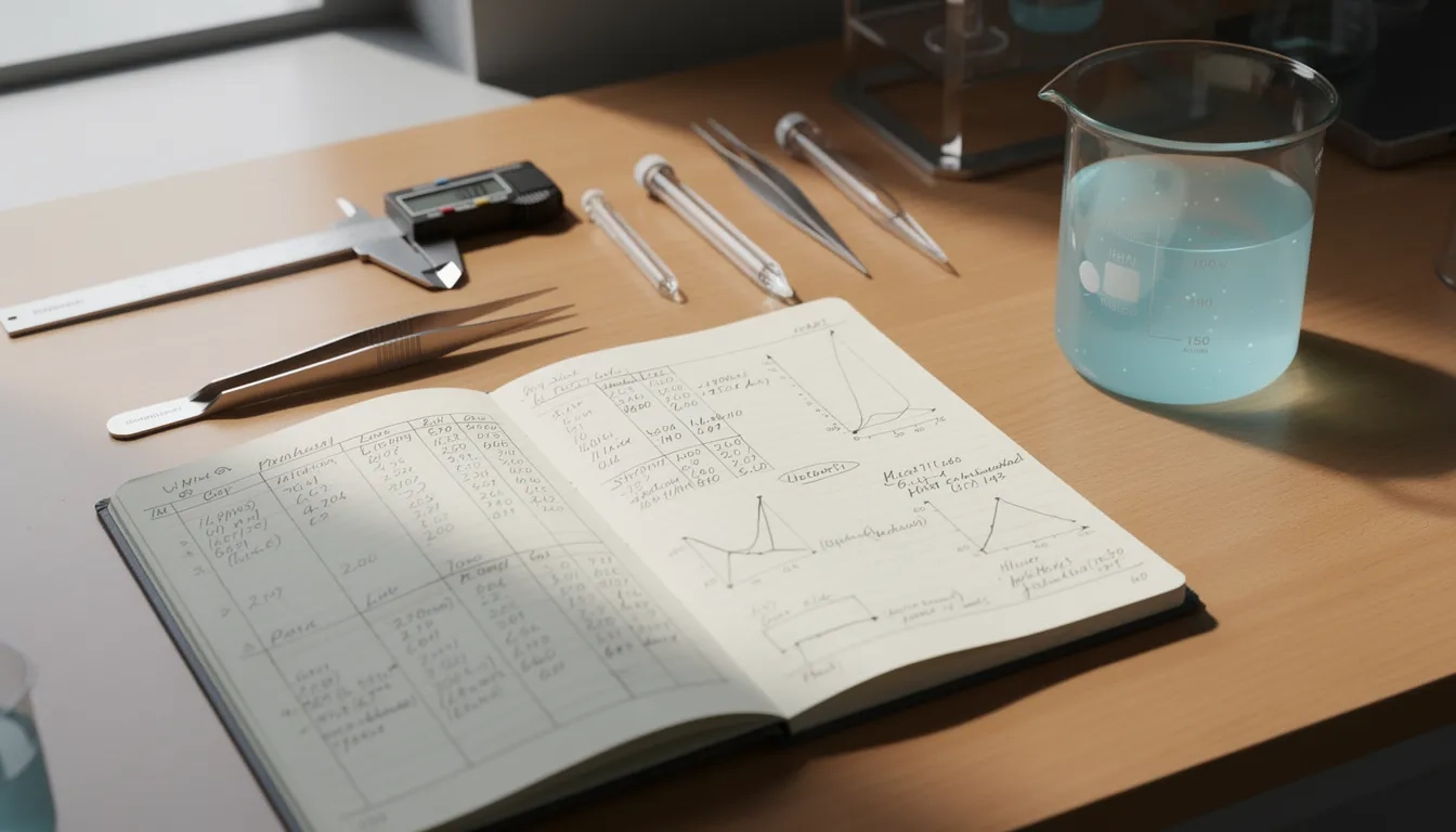 Organized lab notebook and equipment representing structured scientific report writing
