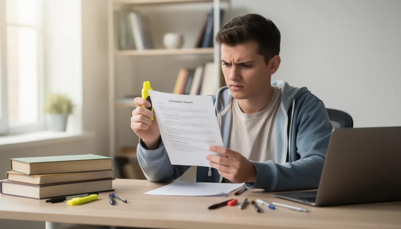 Student reading and annotating a research paper assignment prompt