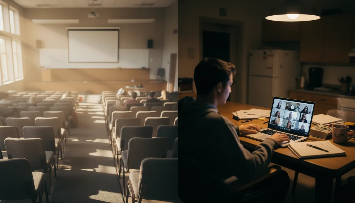 Empty lecture hall beside a student attending class remotely on a laptop