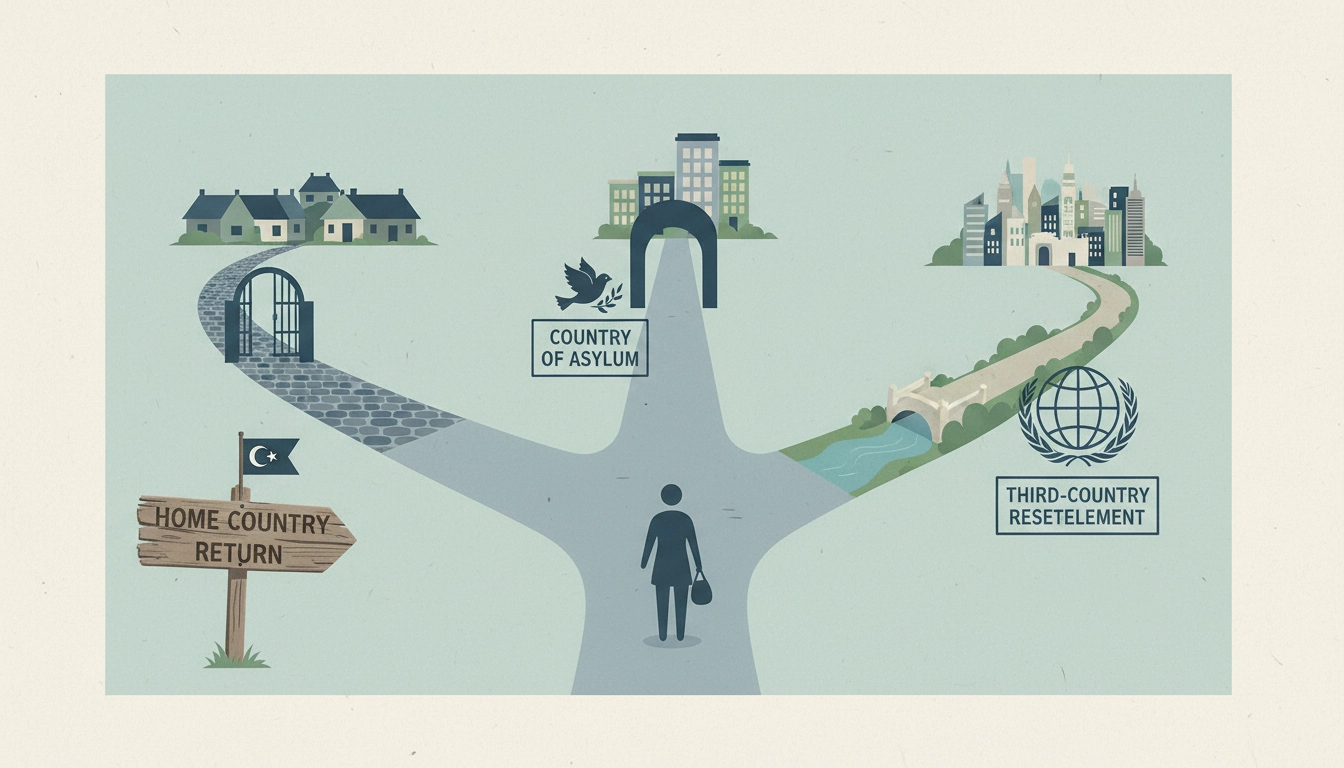 Three diverging paths representing different refugee scholarship tracks