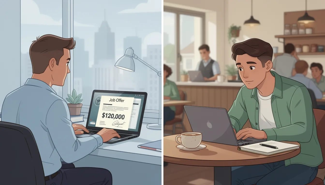 Two graduates comparing job offer letters with different starting salaries