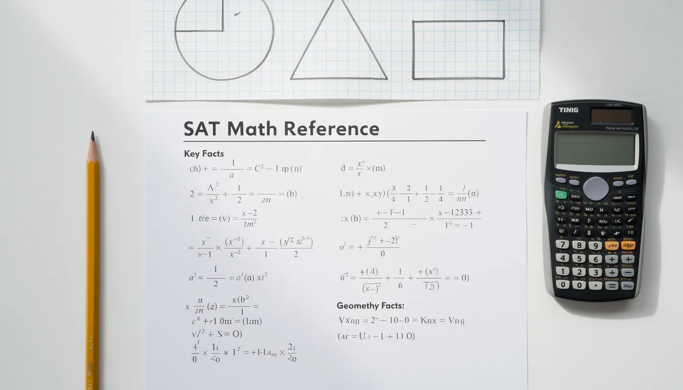 SAT official math reference sheet with geometric formulas laid out on a desk with a pencil and calculator