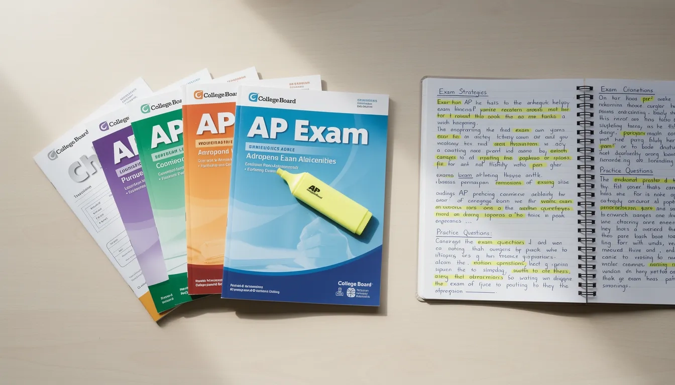 AP exam booklets and study materials laid out on a desk