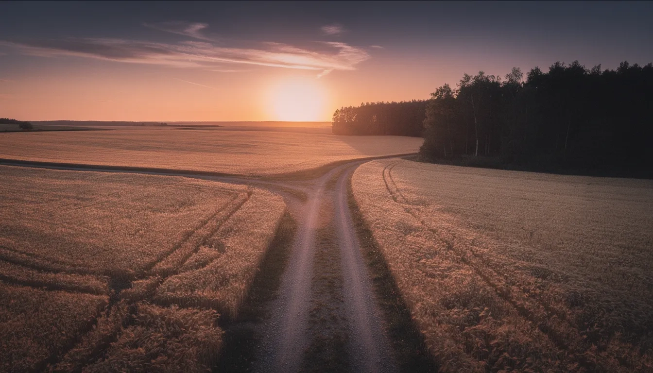 Two diverging paths through a golden field symbolizing a major life choice