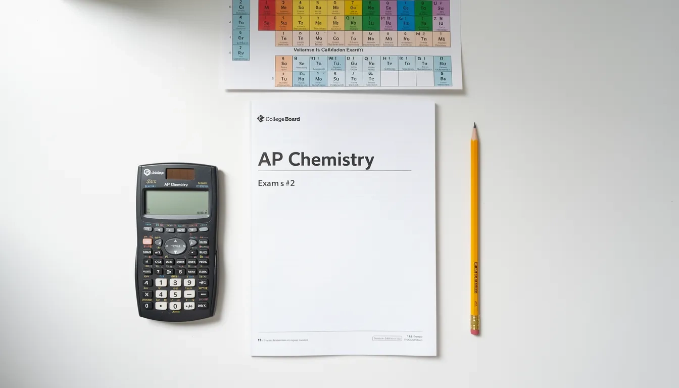 AP Chemistry exam booklet with calculator and periodic table on a study desk