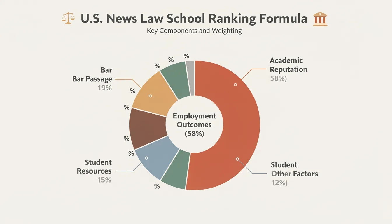 Pie chart showing US News law school ranking formula with employment outcomes comprising 58% of the total score