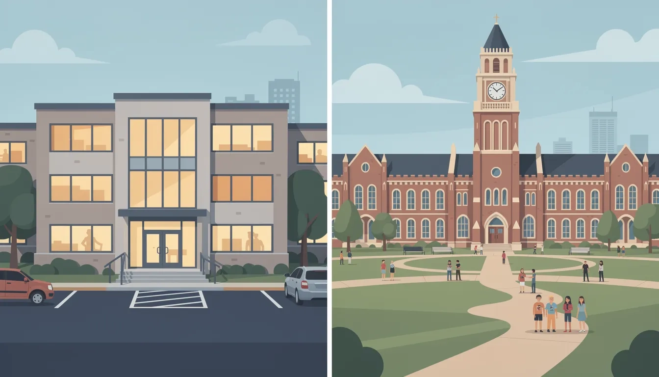Side-by-side illustration of a community college and a university campus